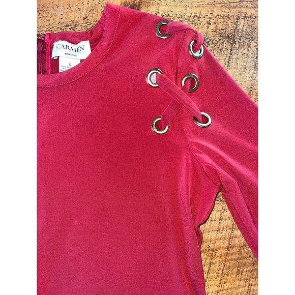Womens Carmen Marc Valvo Brick Red Long Sleeve Slinky‎ Soft Grommet Dress Small - Picture 2 of 7